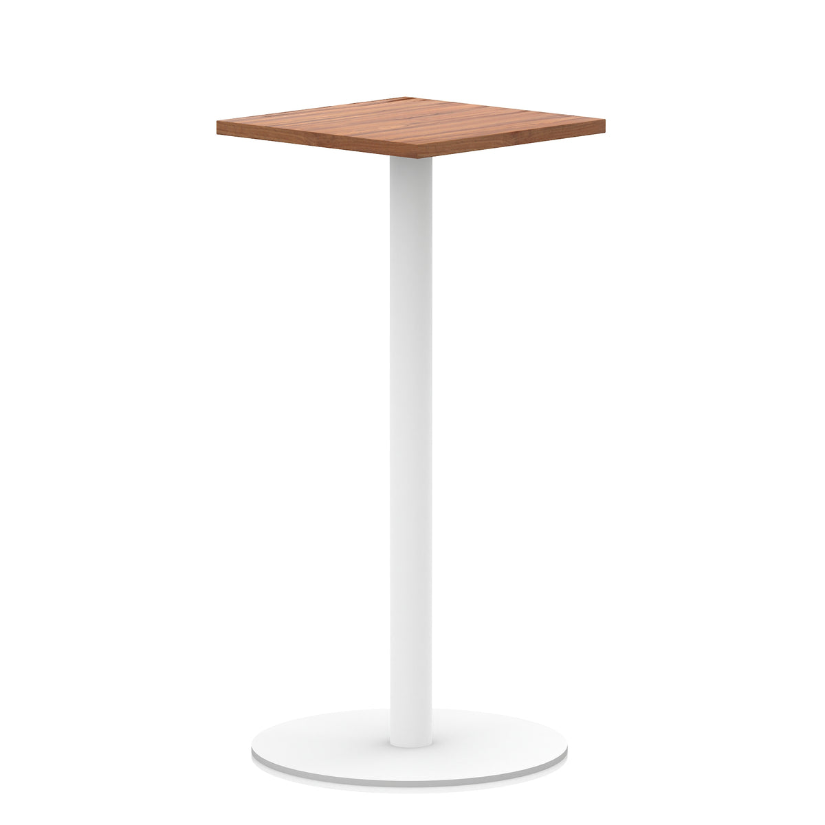 Square high table with wood-effect top and white round base on a white background