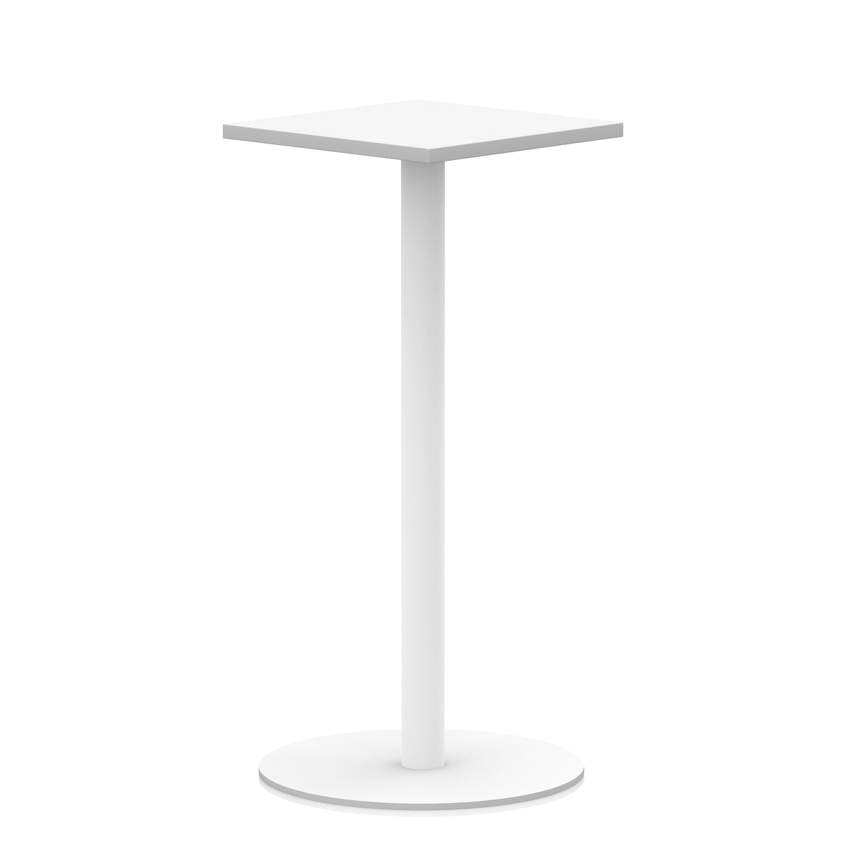White high table with square top and round base on a white background