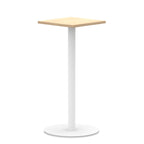 Square high table with wood-effect top and white round base on a white background