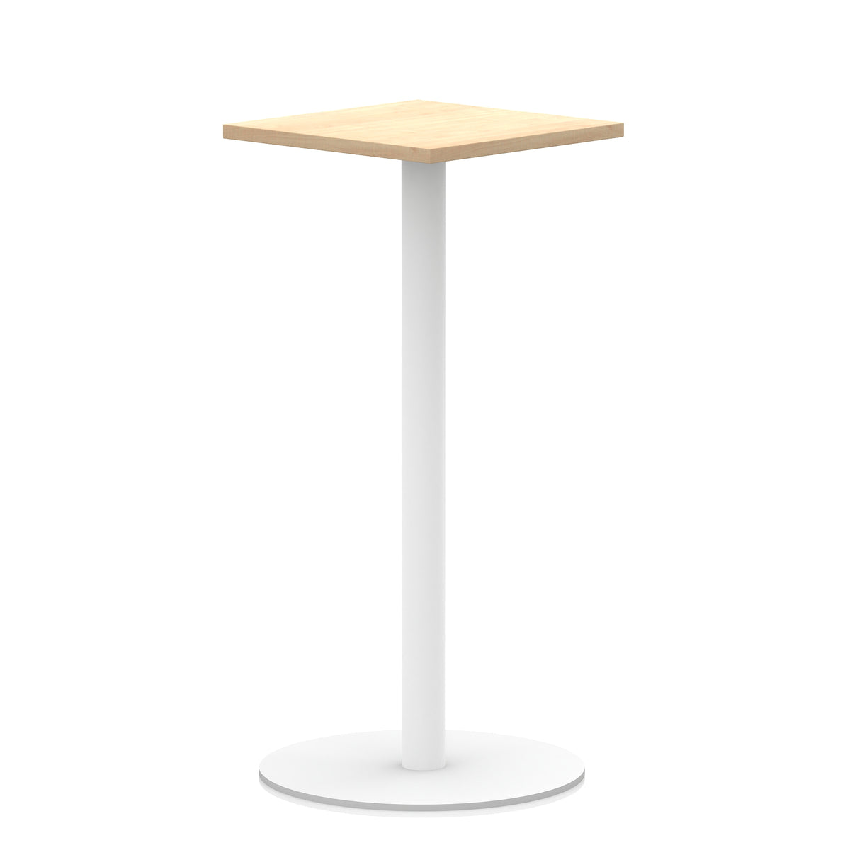 Square high table with wood-effect top and white round base on a white background