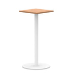 Square high table with wood-effect top and white round base on a white background