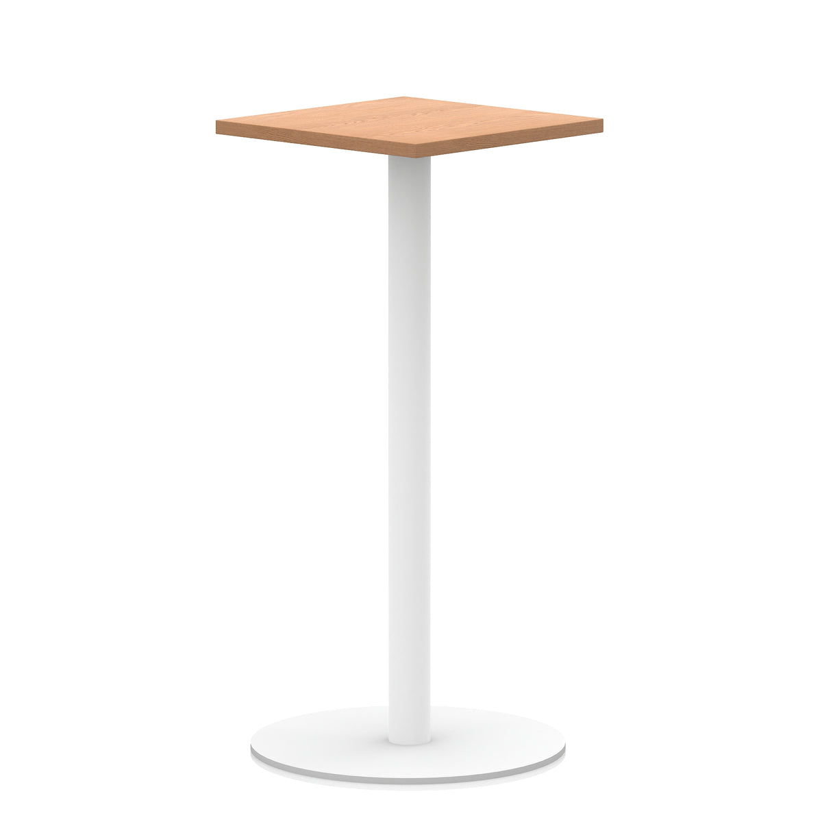 Square high table with wood-effect top and white round base on a white background