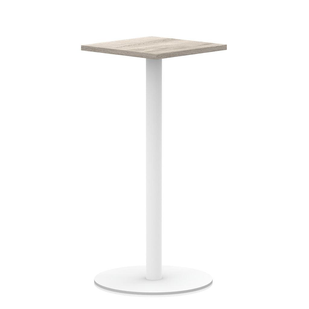 Square high table with wood-effect top and white round base on a white background