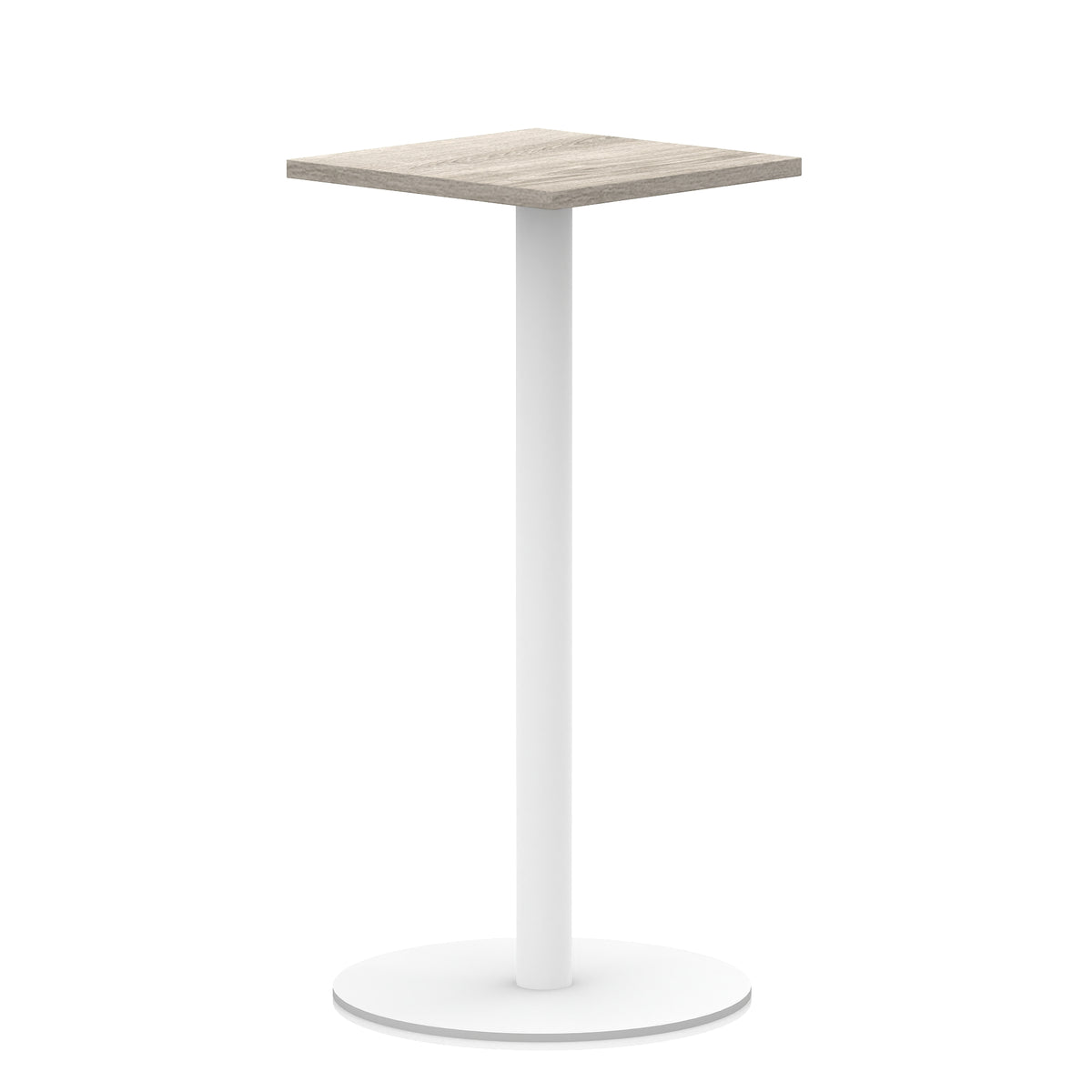 Square high table with wood-effect top and white round base on a white background