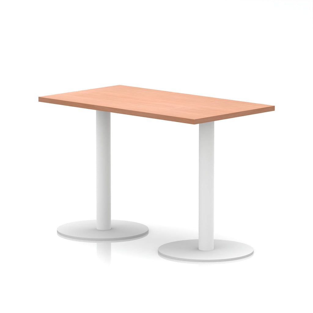 Rectangular table with wood-effect top and white legs on a white background