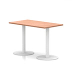 Rectangular table with wood-effect top and white legs on a white background