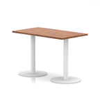 Rectangular table with wood-effect top and white legs on a white background