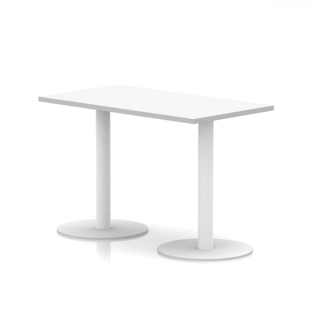 Rectangular white table with metal legs on a white background