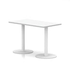 Rectangular white table with metal legs on a white background