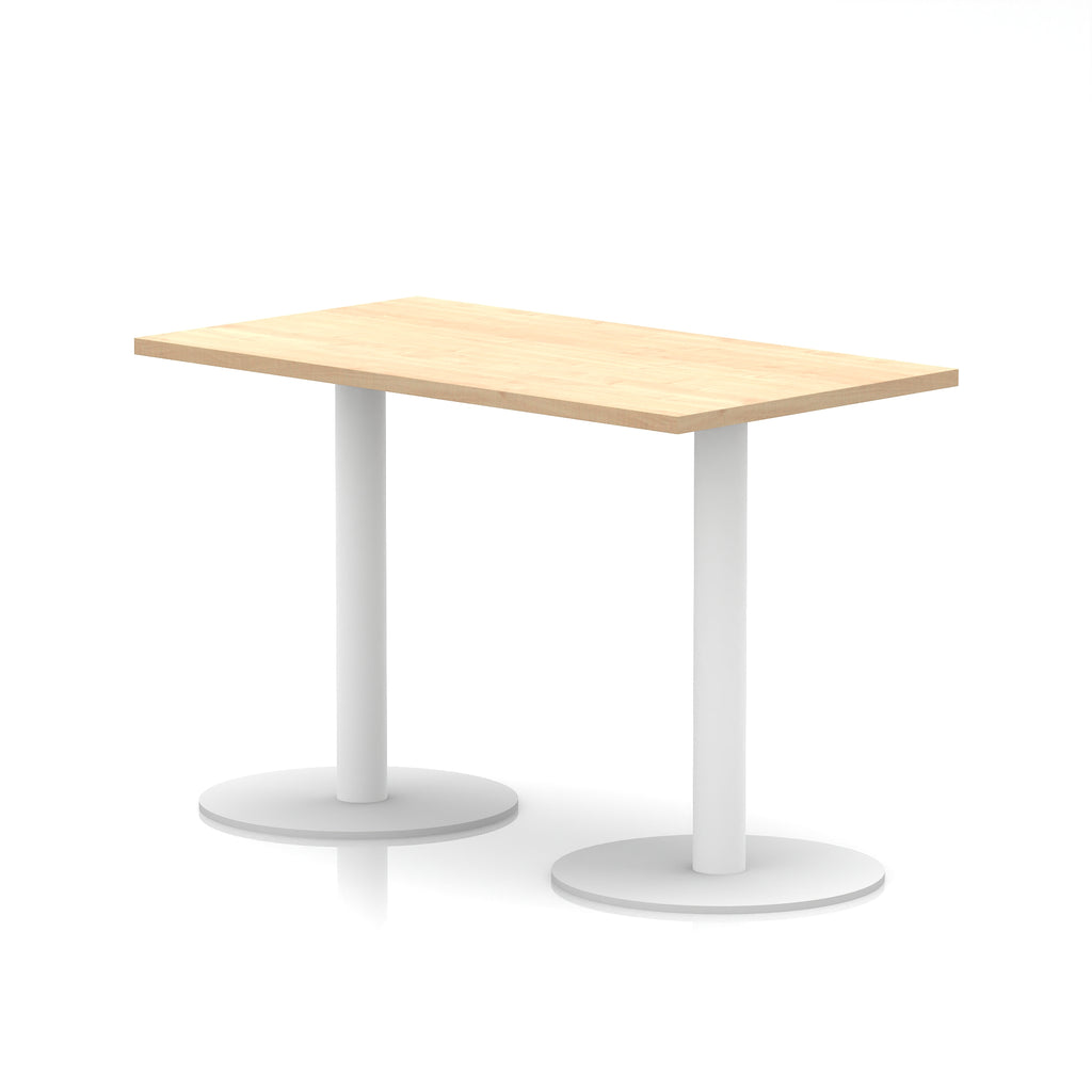 Rectangular table with wood-effect top and white legs on a white background