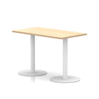 Rectangular table with wood-effect top and white legs on a white background