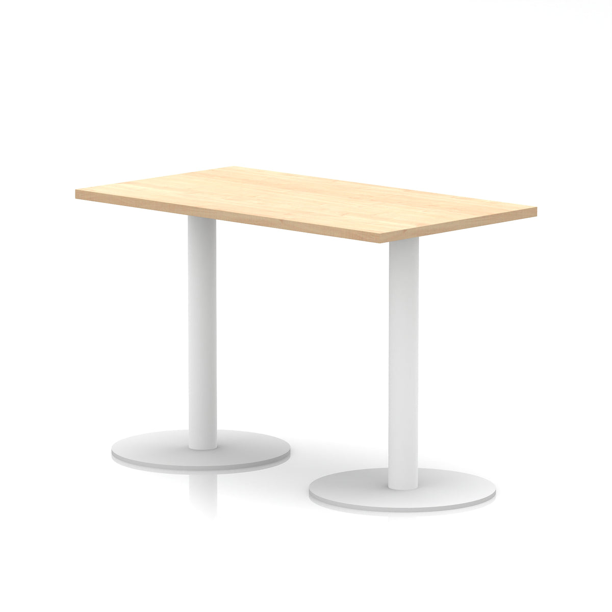 Rectangular table with wood-effect top and white legs on a white background