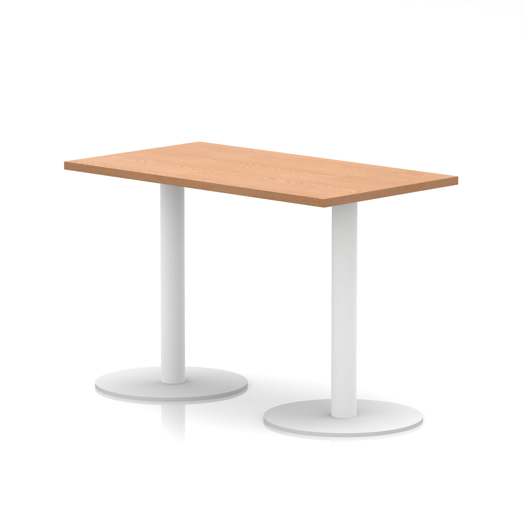 Rectangular table with wood-effect top and white legs on a white background