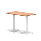 Rectangular table with wood-effect top and white legs on a white background