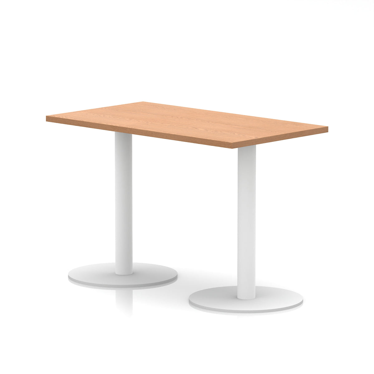 Rectangular table with wood-effect top and white legs on a white background