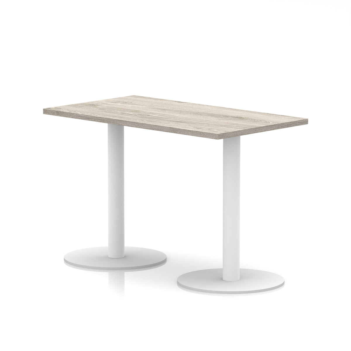 Rectangular table with wood-effect top and white legs on a white background