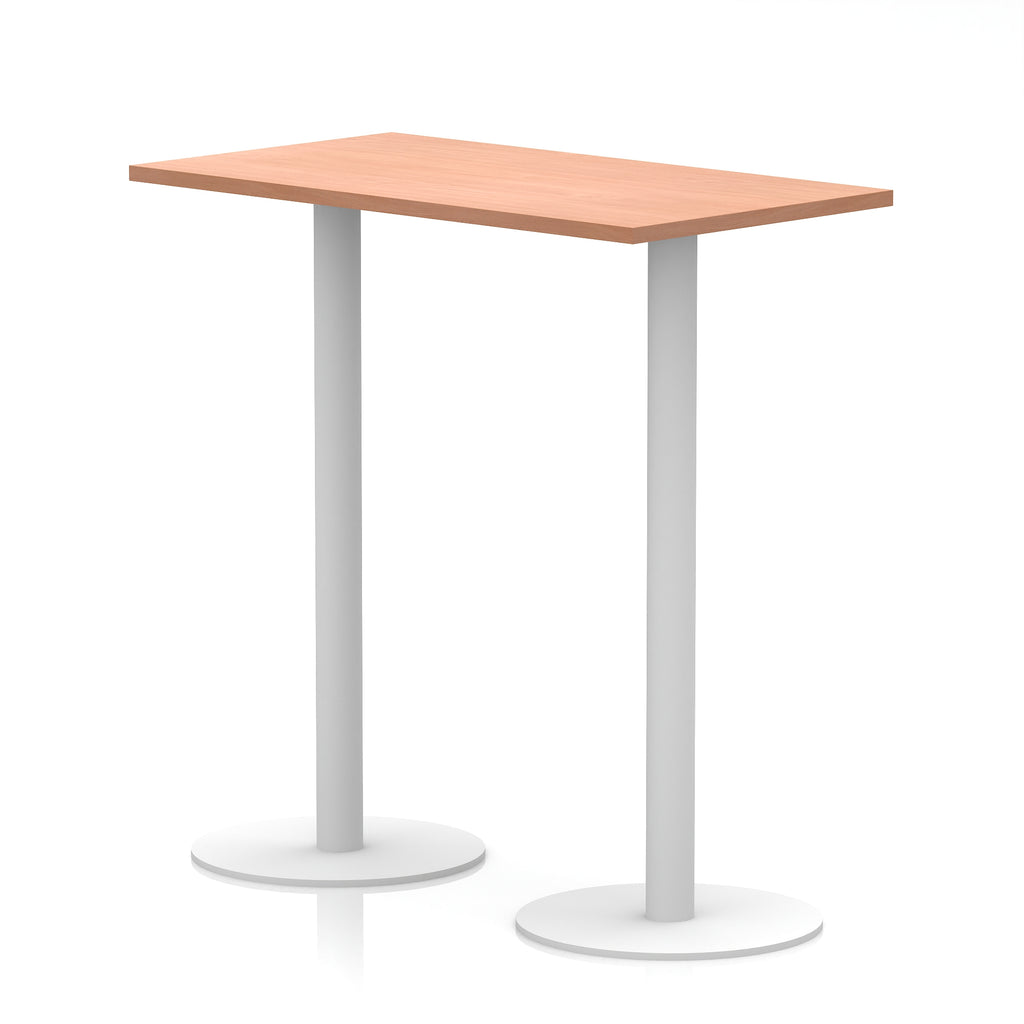 Rectangular high table with wood-effect top and white legs on a white background
