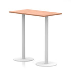 Rectangular high table with wood-effect top and white legs on a white background