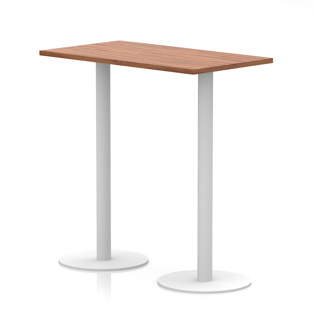 Rectangular high table with wood-effect top and white legs on a white background