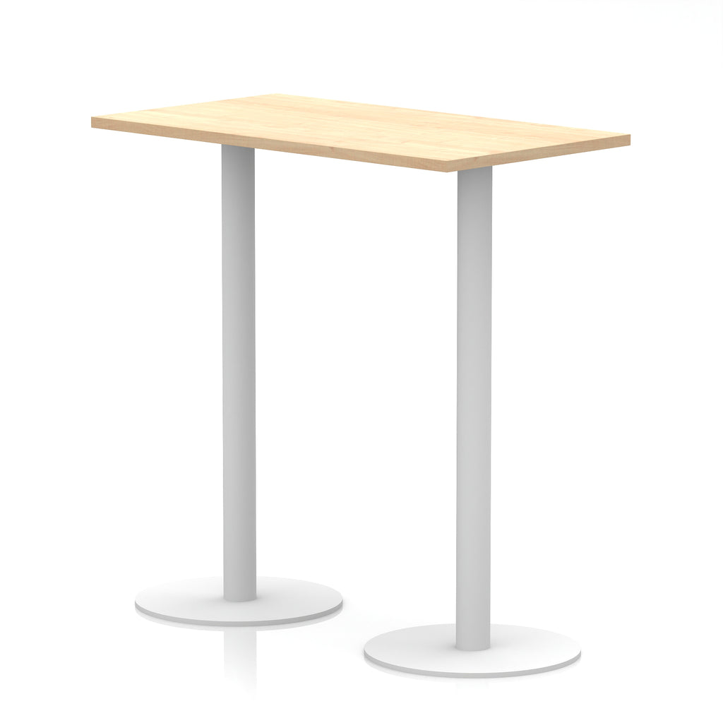 Rectangular high table with wood-effect top and white legs on a white background