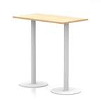 Rectangular high table with wood-effect top and white legs on a white background