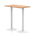 Rectangular high table with wood-effect top and white legs on a white background