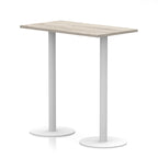 Rectangular high table with wood-effect top and white legs on a white background