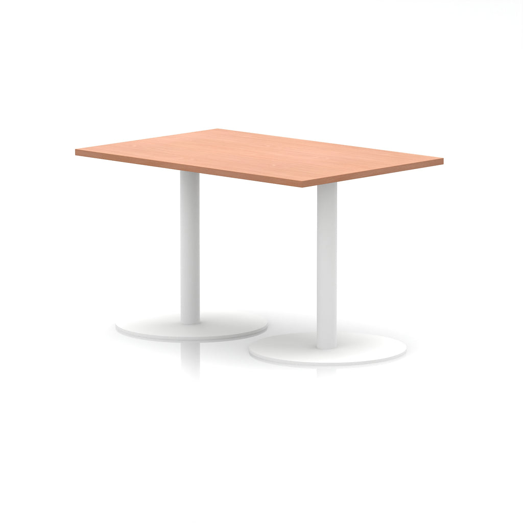 Rectangular table with wood-effect top and white legs on a white background