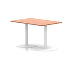 Rectangular table with wood-effect top and white legs on a white background