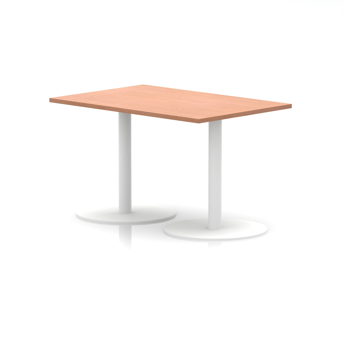 Rectangular table with wood-effect top and white legs on a white background