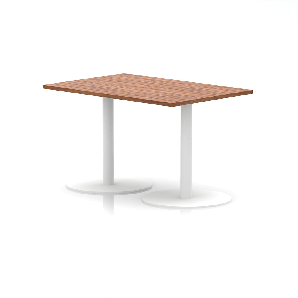 Rectangular table with wood-effect top and white legs on a white background