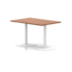 Rectangular table with wood-effect top and white legs on a white background
