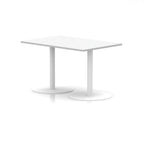 White rectangular table with round base on a white background