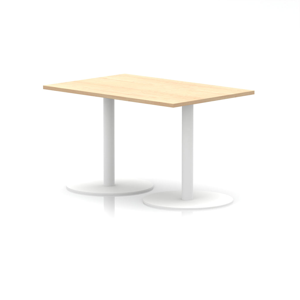 Rectangular table with wood-effect top and white legs on a white background