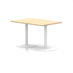 Rectangular table with wood-effect top and white legs on a white background