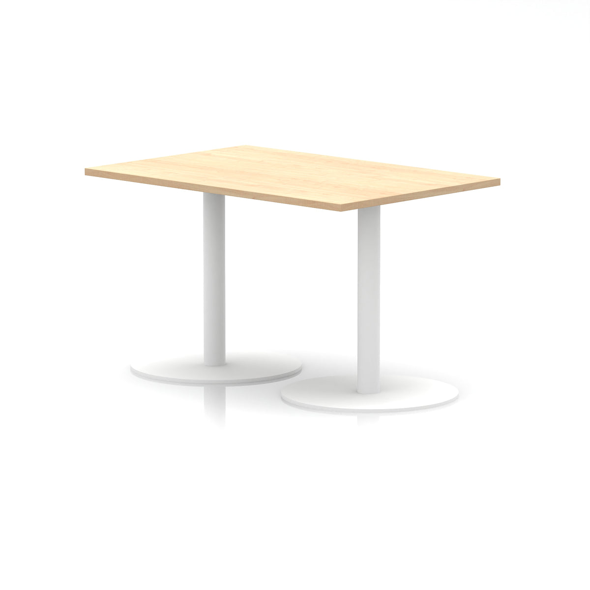 Rectangular table with wood-effect top and white legs on a white background