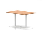 Rectangular table with wood-effect top and white legs on a white background
