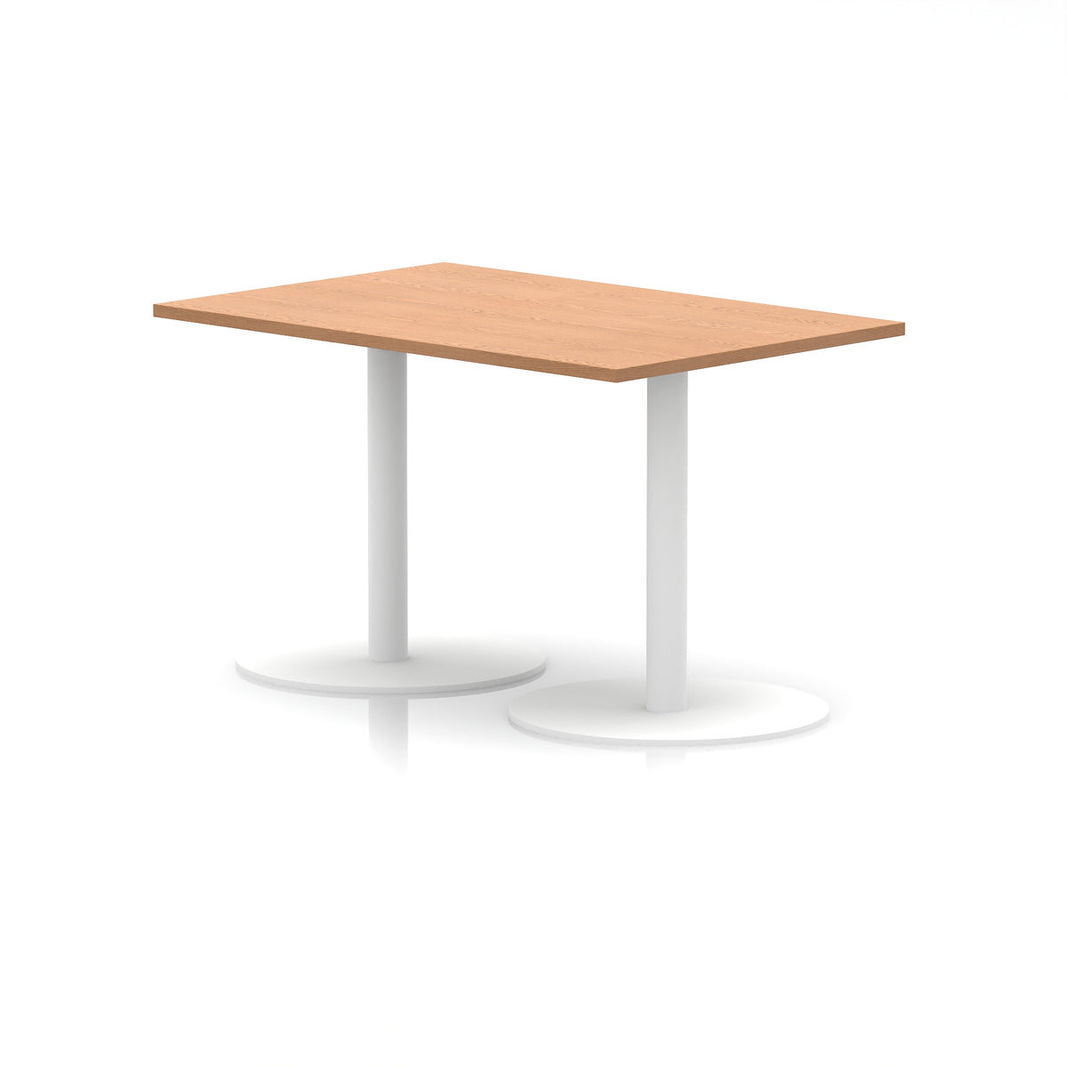 Rectangular table with wood-effect top and white legs on a white background