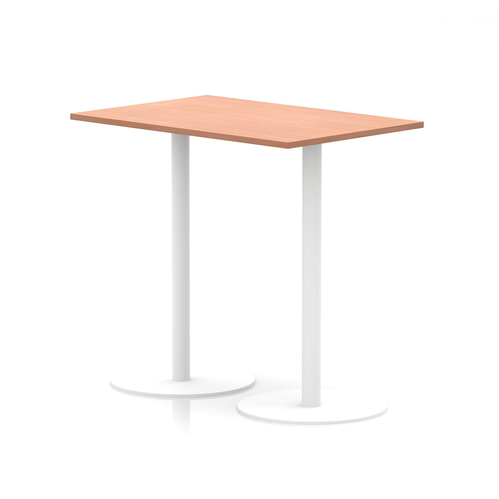 Rectangular high table with wood-effect top and white legs on a white background