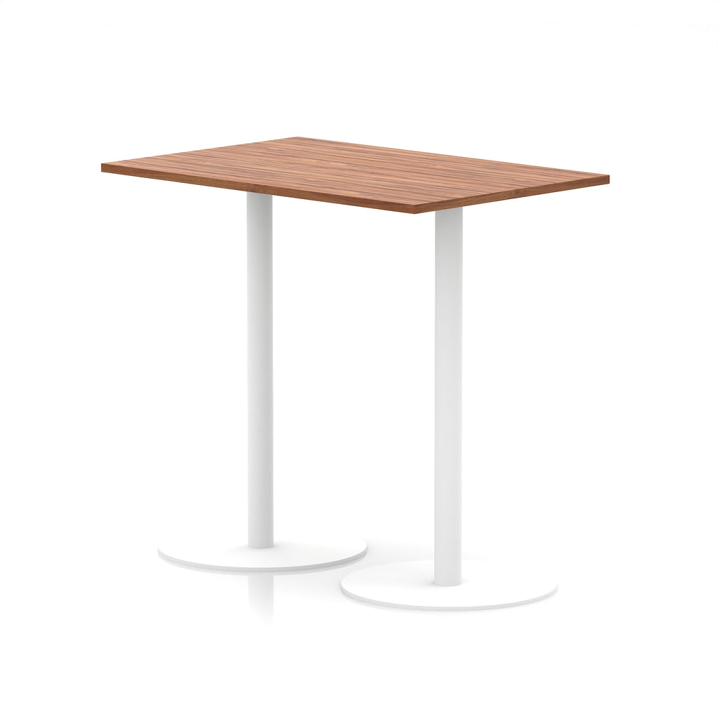 Rectangular high table with wood-effect top and white legs on a white background