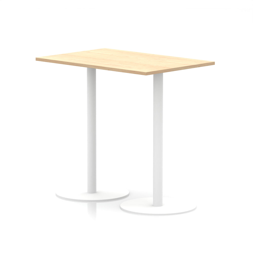 Rectangular high table with wood-effect top and white legs on a white background