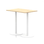 Rectangular high table with wood-effect top and white legs on a white background