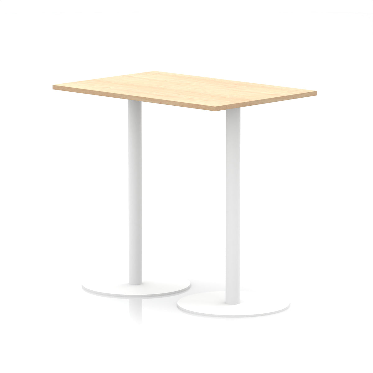 Rectangular high table with wood-effect top and white legs on a white background