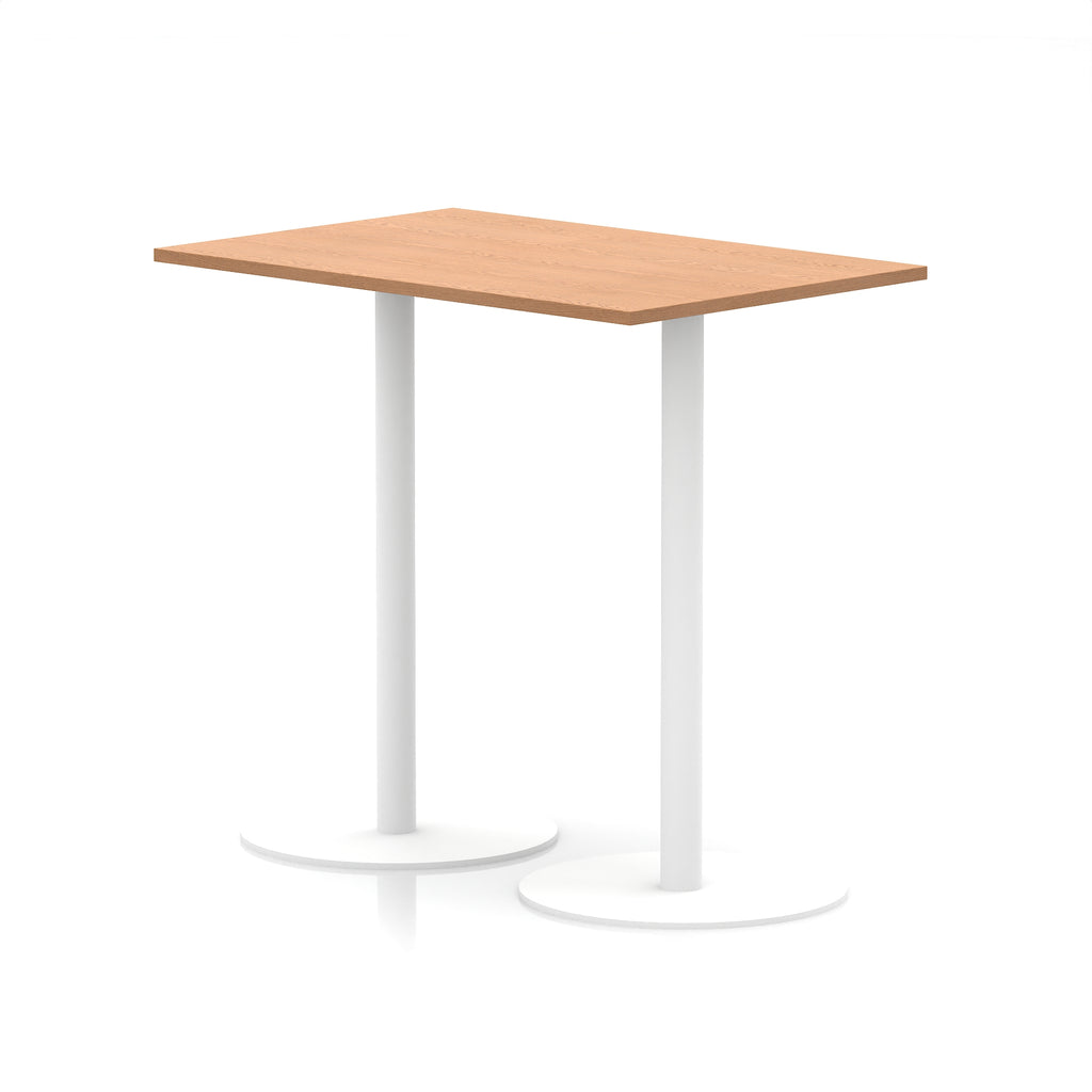 Rectangular high table with wood-effect top and white legs on a white background