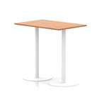 Rectangular high table with wood-effect top and white legs on a white background