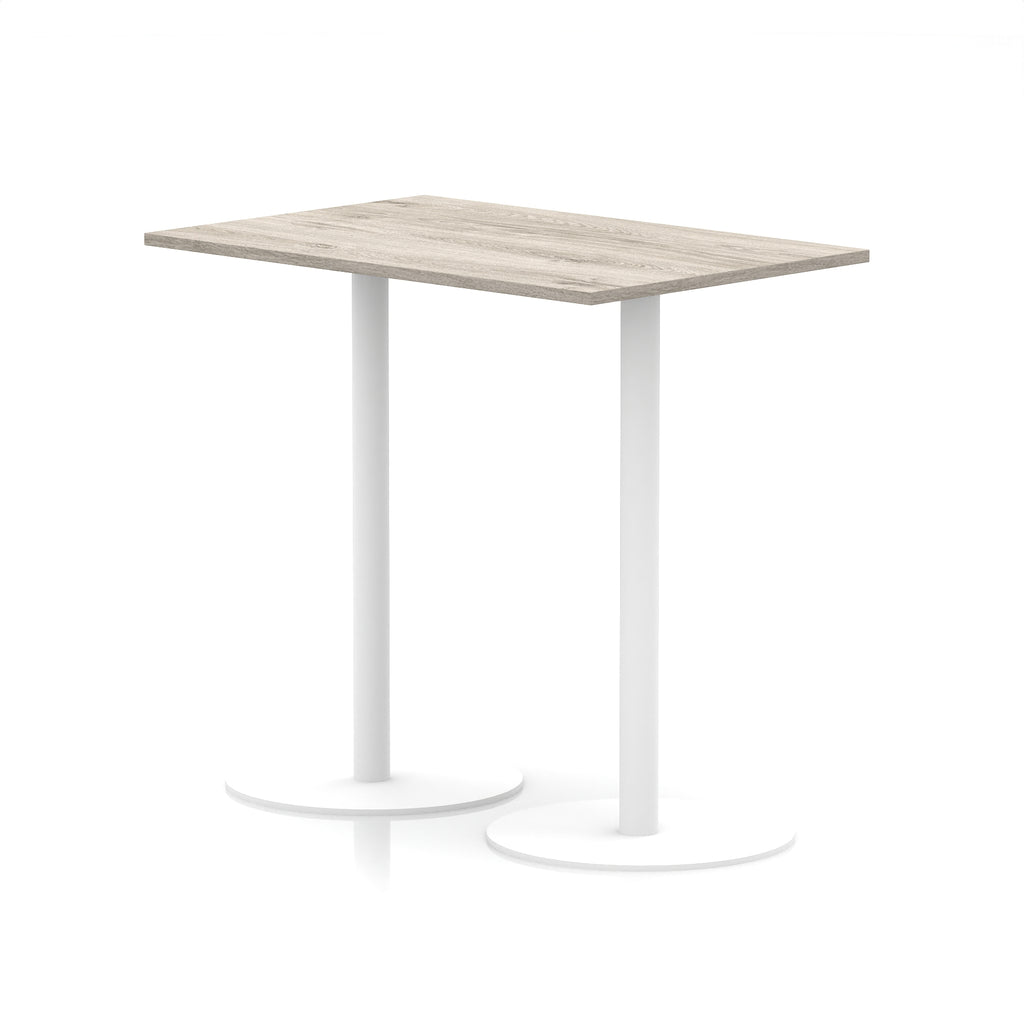 Rectangular high table with wood-effect top and white legs on a white background