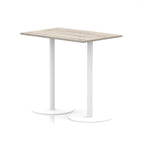 Rectangular high table with wood-effect top and white legs on a white background