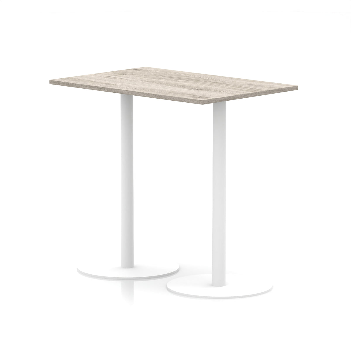 Rectangular high table with wood-effect top and white legs on a white background