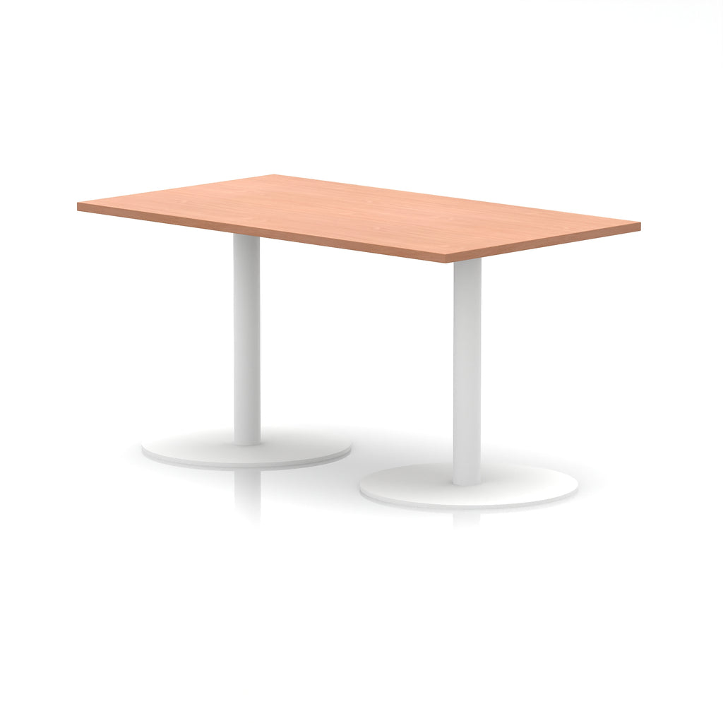 Rectangular table with wood-effect top and white legs on a white background
