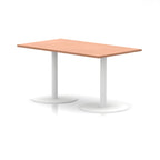 Rectangular table with wood-effect top and white legs on a white background